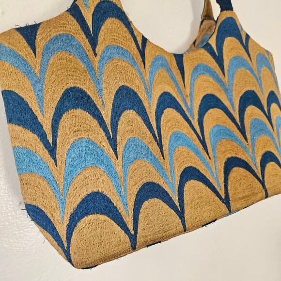 Scallop Pattern Woven Shoulder Bag Purse Tan‎ Blue MCM - Picture 3 of 10